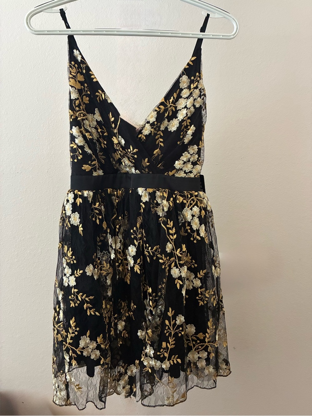 Express Black Mini Dress with Gold and White Floral Embroidery